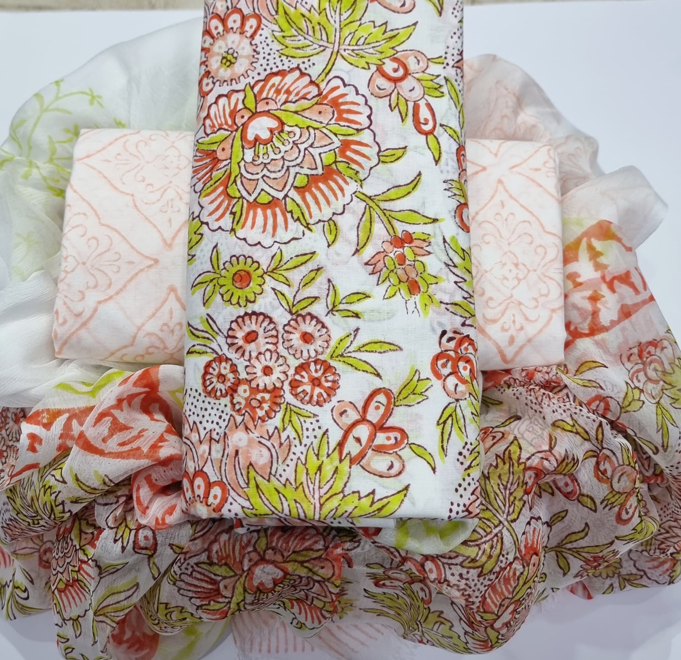 TRADITIONAL HAND BLOCK PRINT PURE COTTON SUIT WITH CHIFFION DUPTTA (PCHFYS151)