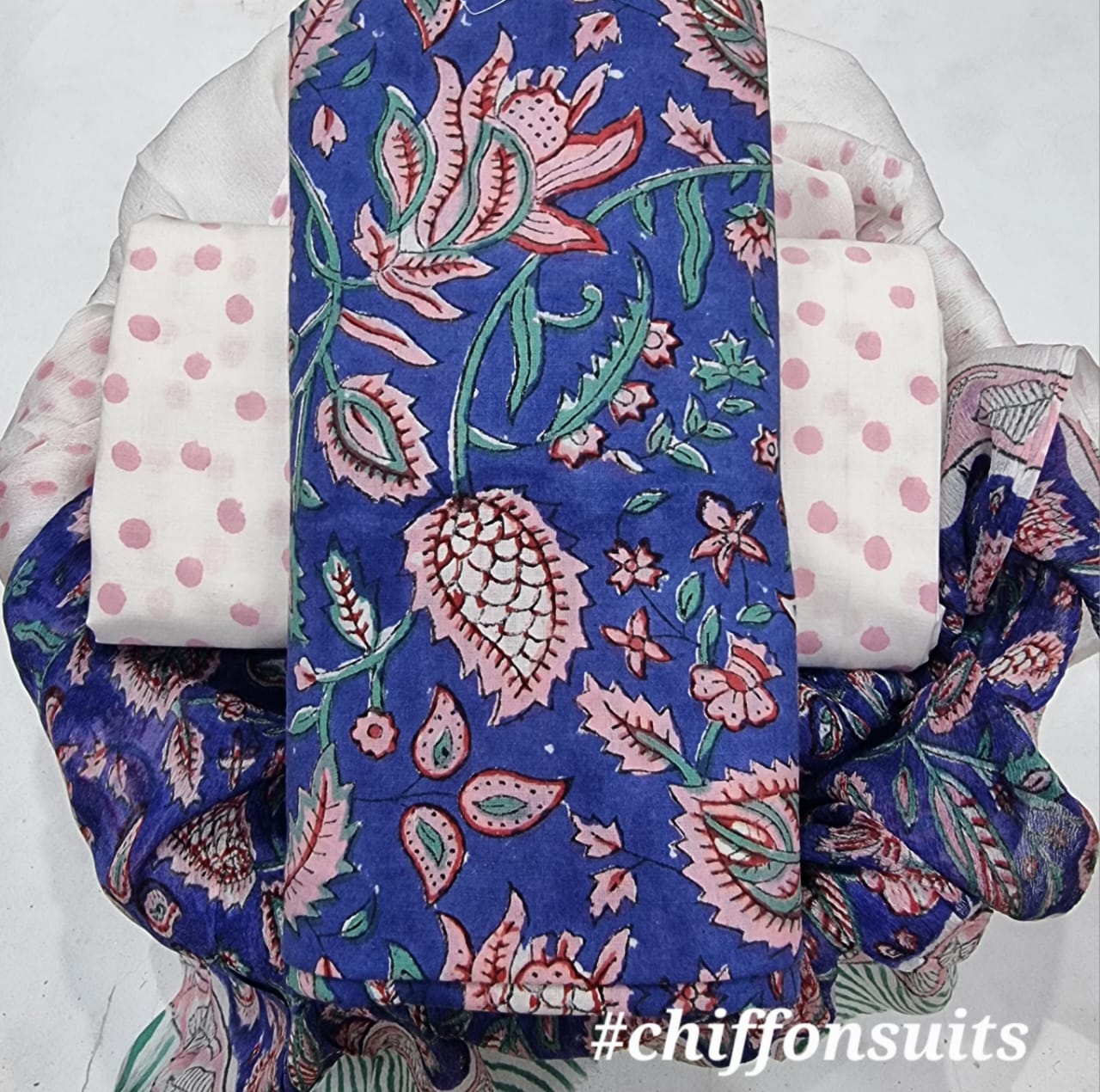 YUVI STYLE HAND BLOCK PRINT PURE COTTON SUIT WITH CHIFFION DUPTTA (PCHFYS79)