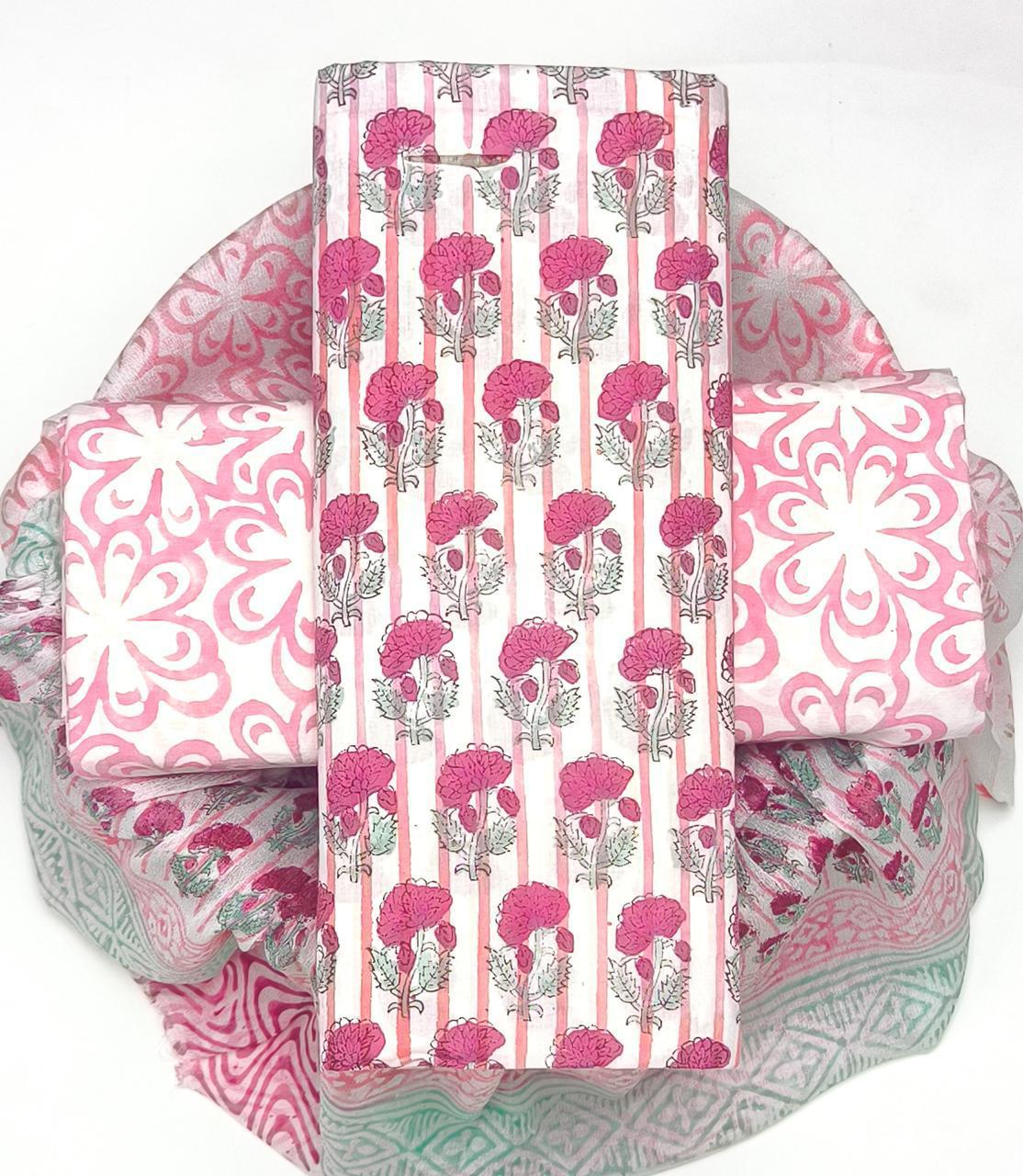 HAND BLOCK  PRINT  COTTON SUIT WITH CHIFFION DUPTTA (PCHFYS95)