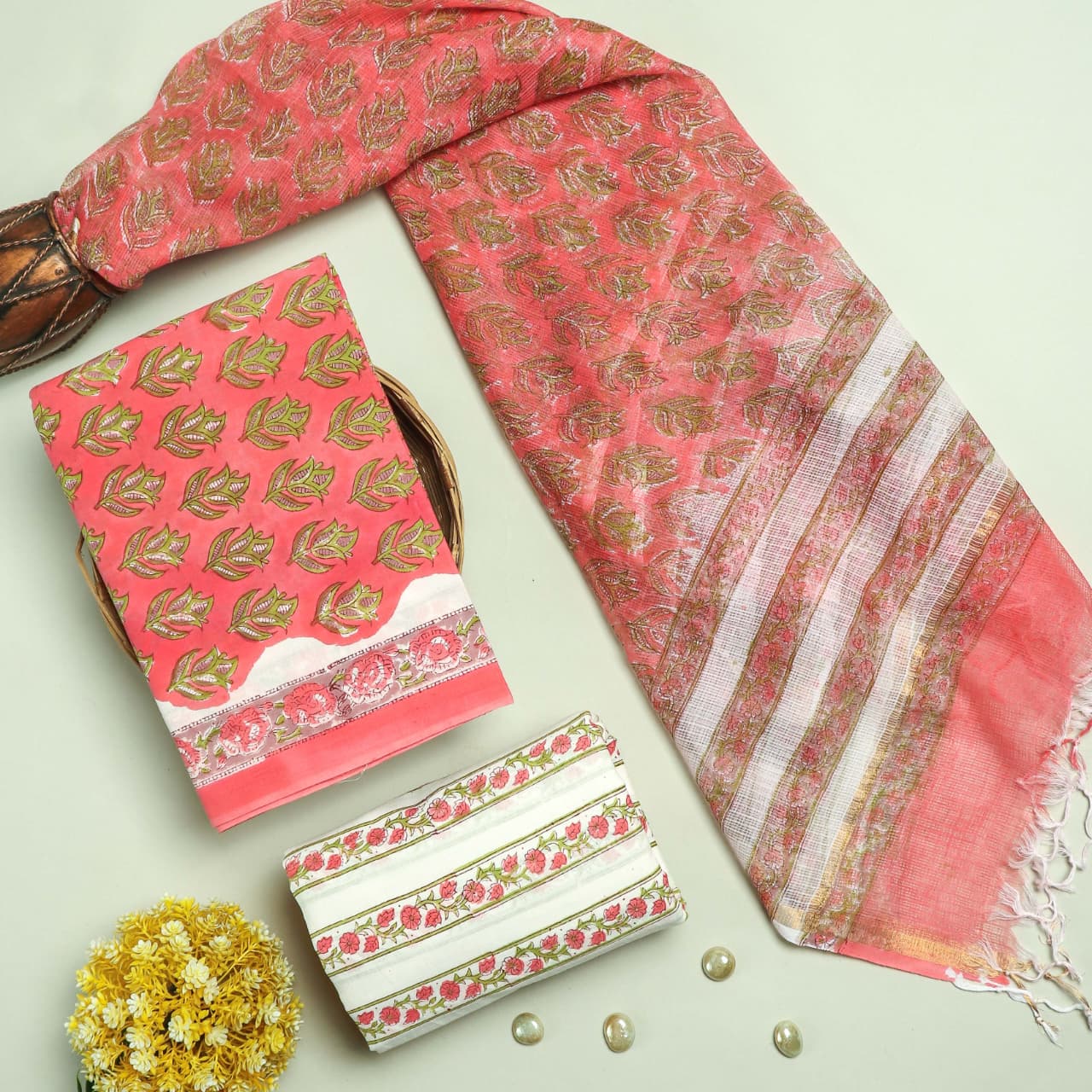 YUVI STYLE HAND BLOCK PURE COTTON SUIT WITH KOTA DORIA DUPATTA (3CKDYS171)