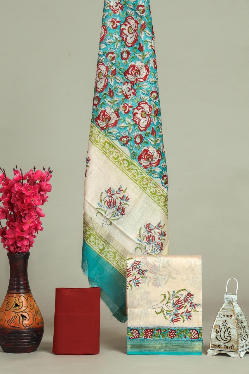 DESIGNER HAND BLOCK PRINT MAHESHWARI SILK SUIT SET (MSLYS78)