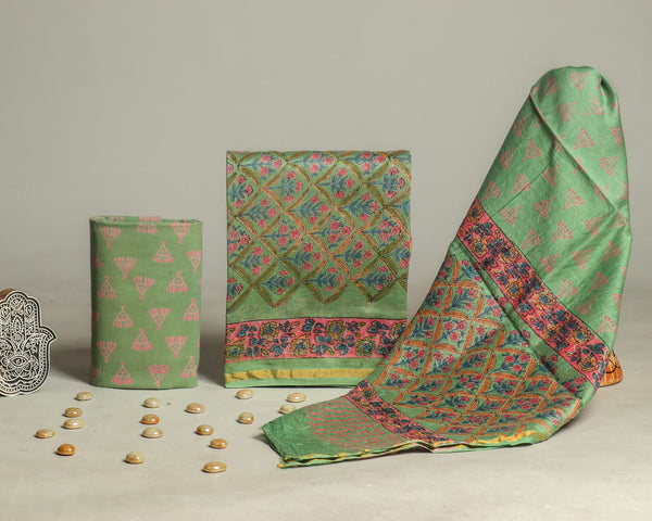 DESIGNER HAND BLOCK PRINT CHANDERI SILK SUIT SET WITH PREMIUM CHANDERI DUPATTA(CHDYS79)