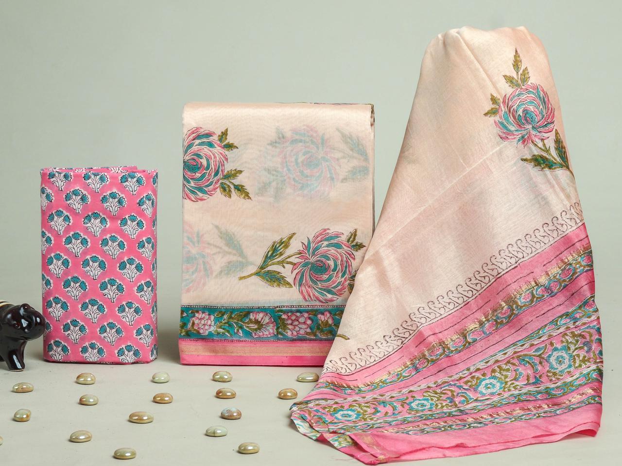 YUVI STYLE HAND BLOCK CHANDERI SILK SUIT SET WITH CHANDERI DUPATTA (CHDYS154)