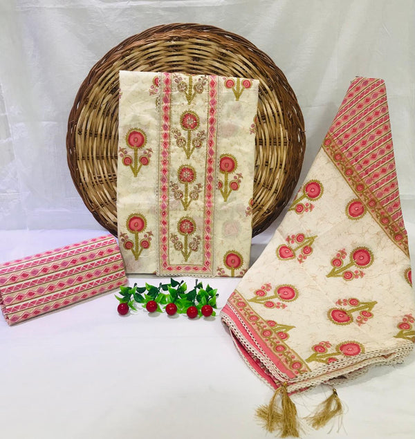 SANGANERI PRINT COTTON SUIT MATERIAL WITH COTTON  DUPATTA HAND WORK (GOTAYS51)