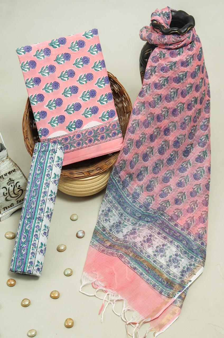 Designer Hand Block Print Pure Cotton Suit Material with Kota Doria Dupatta (3CKDYS08)