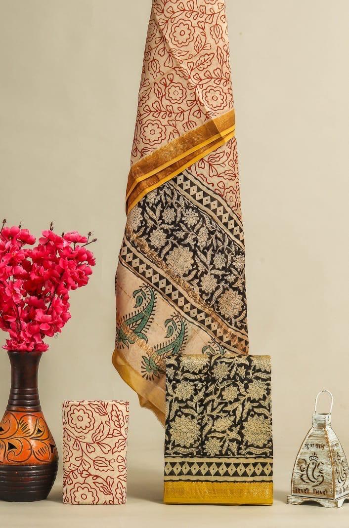 EXCLUSIVE  HAND BLOCK AJRAK PRINT MAHESHWARI SILK SUIT WITH MAHESHWARI SILK DUPPTA (MSLYS147)