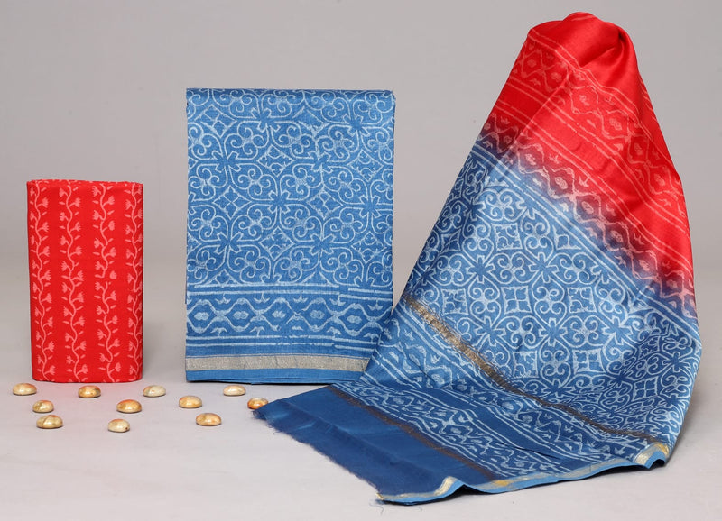 DESIGNER HAND BLOCK INDIGO PRINT CHANDERI SILK SUIT SET WITH PREMIUM CHANDERI DUPATTA (CHDYS148)