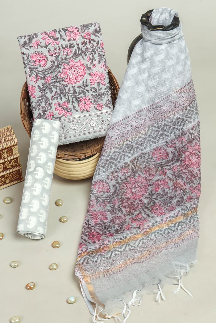 DESIGNER HAND BLOCK PRINT PURE COTTON SUIT MATERIAL WITH KOTA DORIA DUPATTA(3CKDYS176)