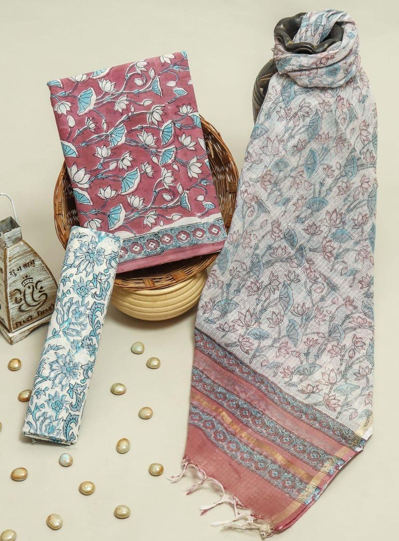 DESIGNER HAND BLOCK PRINT PURE COTTON SUIT MATERIAL WITH KOTA DORIA DUPATTA( 3CKDYS48)