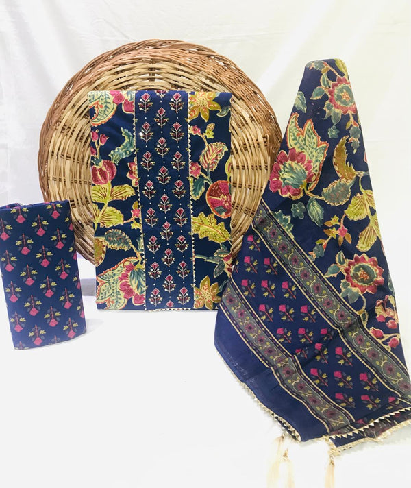JAIPURI PRINTED COTTON NECK WORK SUITS WITH MULMUL DUPATTA (GOTAYS151)