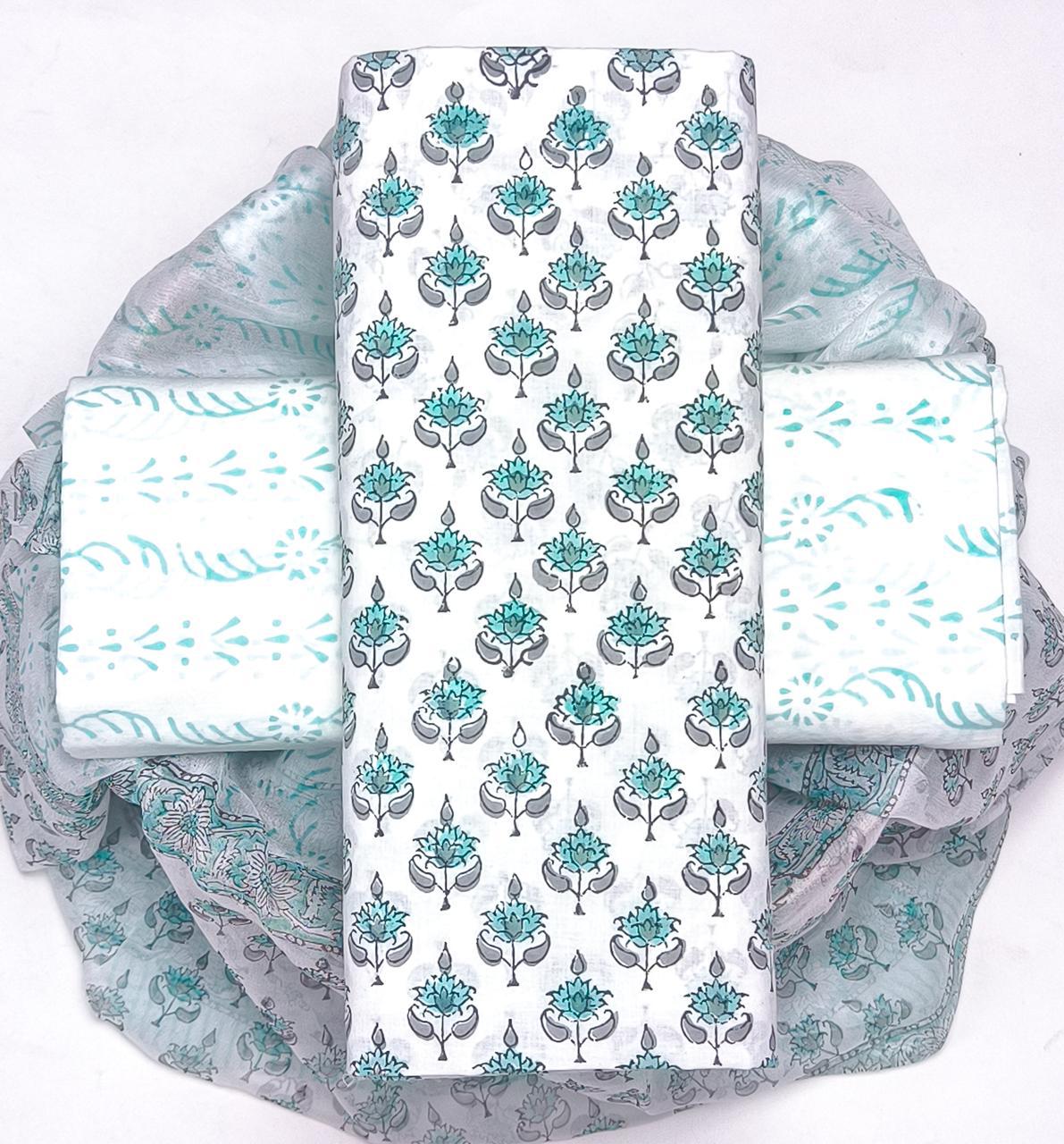 DESIGNER HAND BLOCK PRINT PURE COTTON SUIT WITH CHIFFON DUPATTA (PCHFYS140)