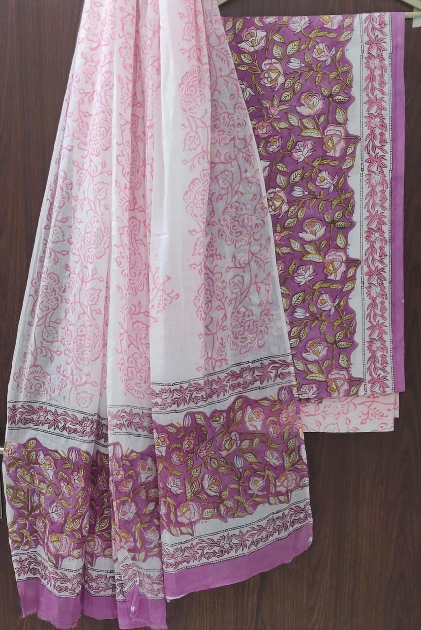 Designer Hand Block Print Pure Cotton Suit with Cotton Mulmul Dupatta (MALYS11)