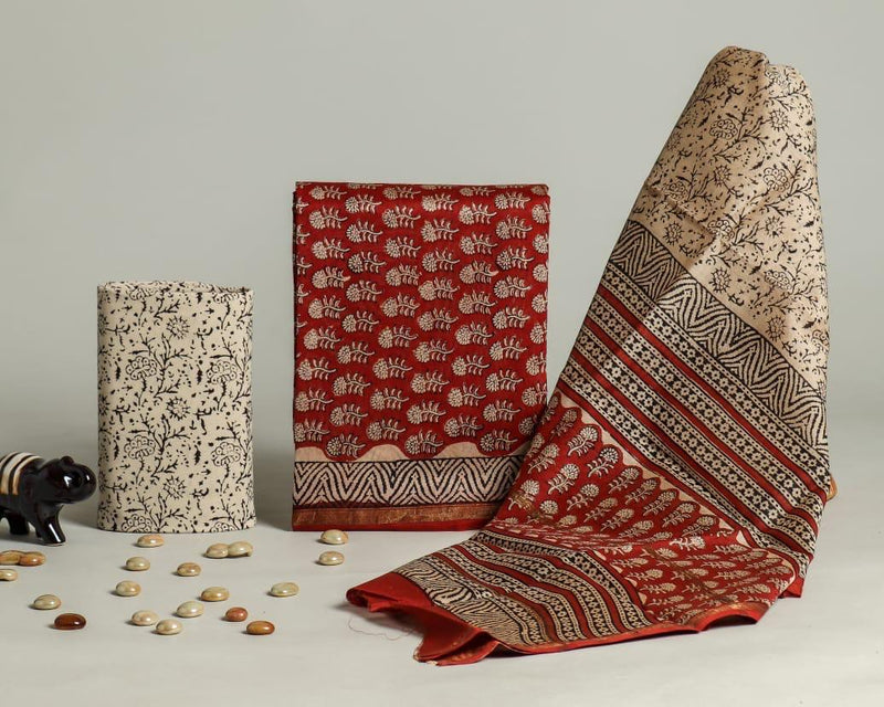 ELEGANT HAND BLOCK CHANDERI SILK SUIT SET WITH CHANDERI DUPATTA (CHDYS294)