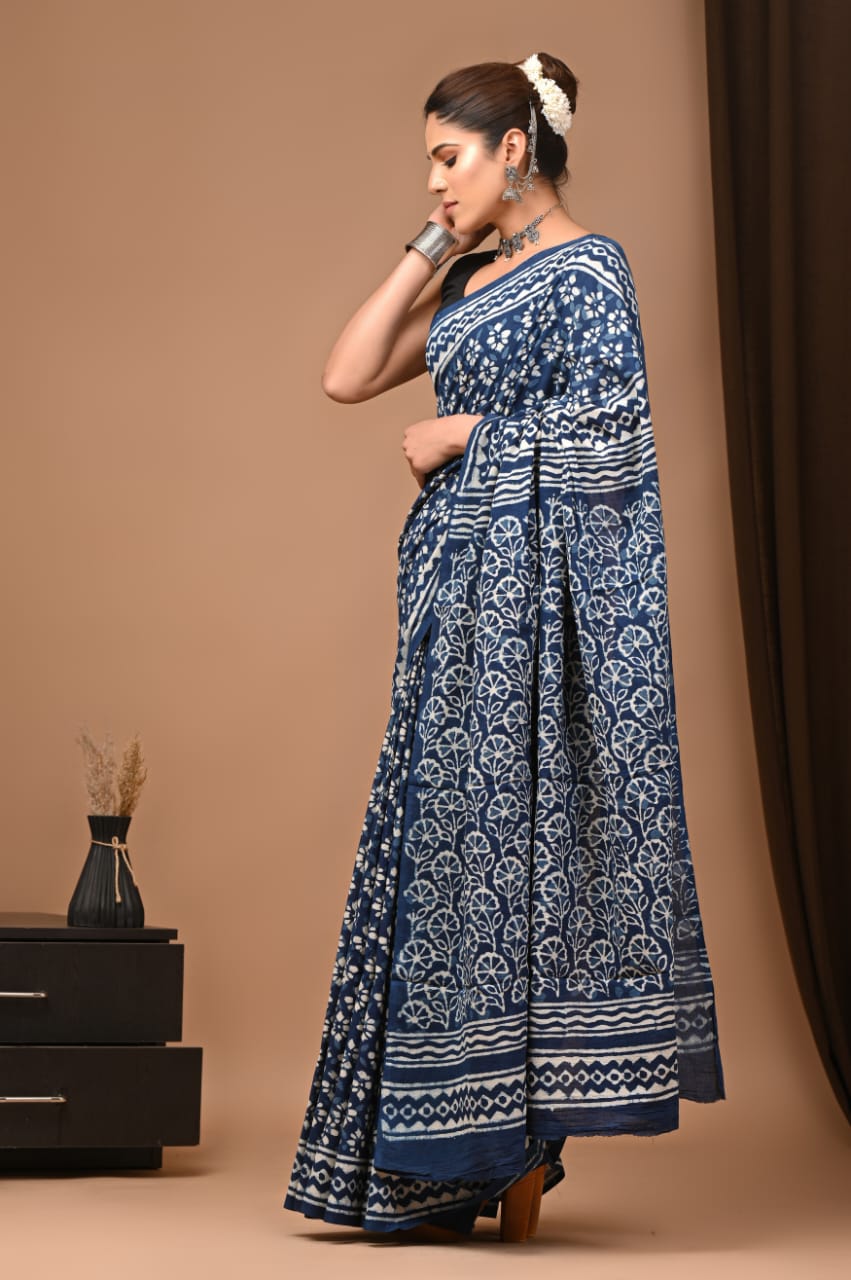 INDIGO HAND BLOCK PRINT COTTON MULMUL SAREE WITH BLOUSE (CMSYS12)
