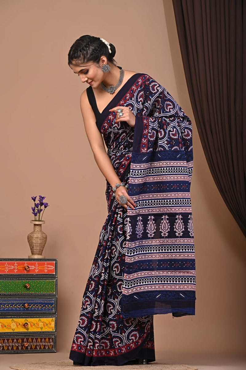 EXCLUSIV PRINT HAND BLOCK PRINT COTTON MULMUL SAREE WITH BLOUSE (CMSYS07)