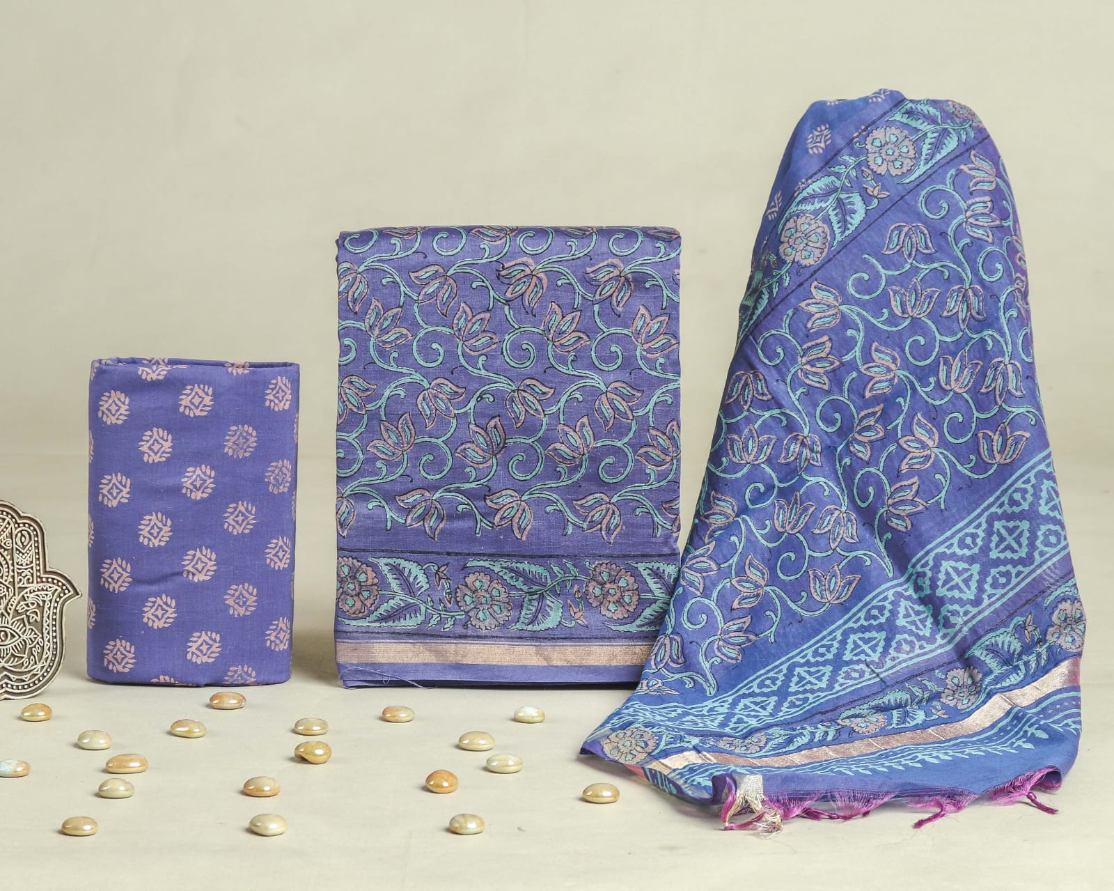 YUVI STYLE HAND BLOCK CHANDERI SILK SUIT SET WITH CHANDERI DUPATTA (CHDYS207)
