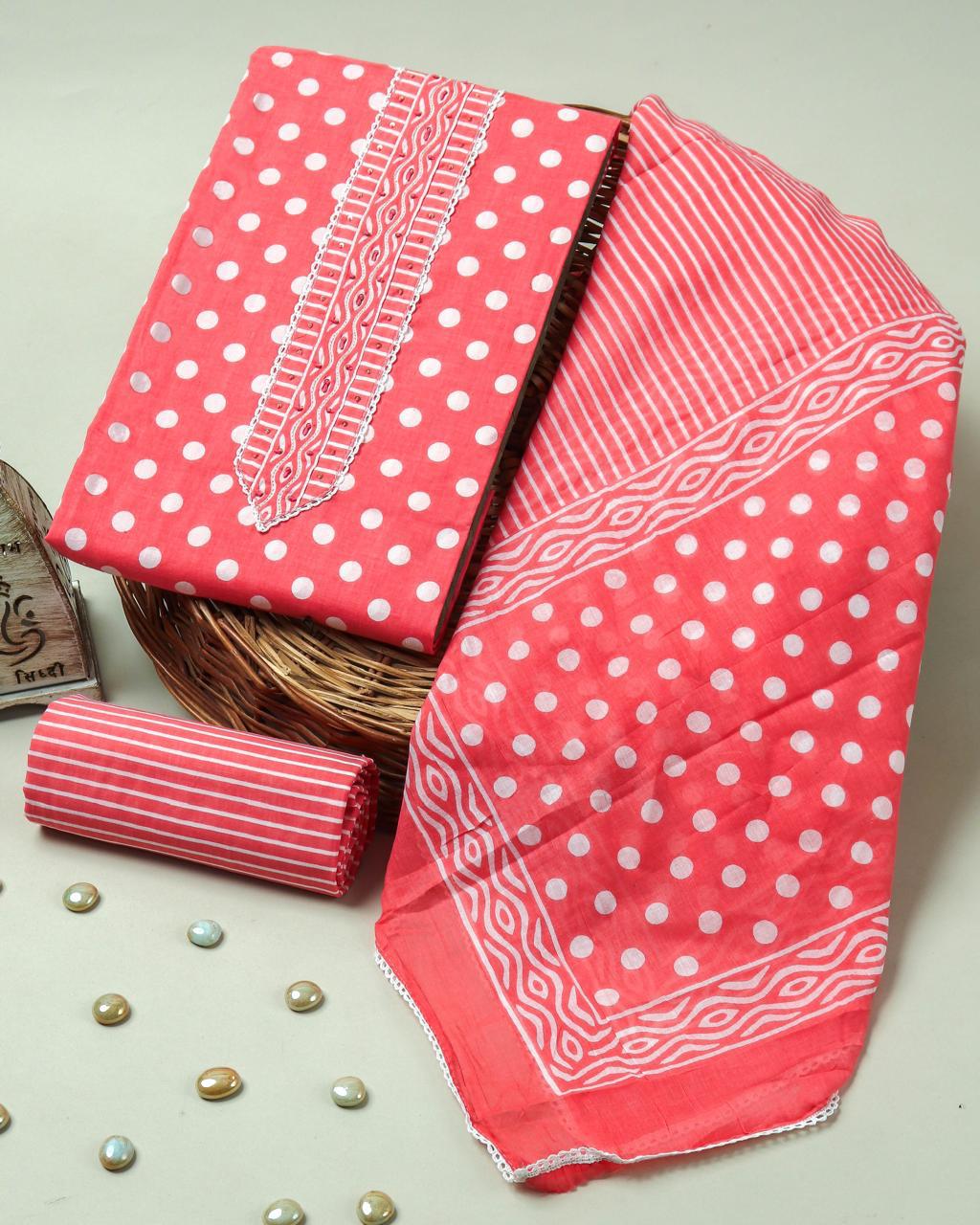 Sanganeri print cotton suit material with cotton dupatta Gotta Tye neck work    (GOTAYS17)