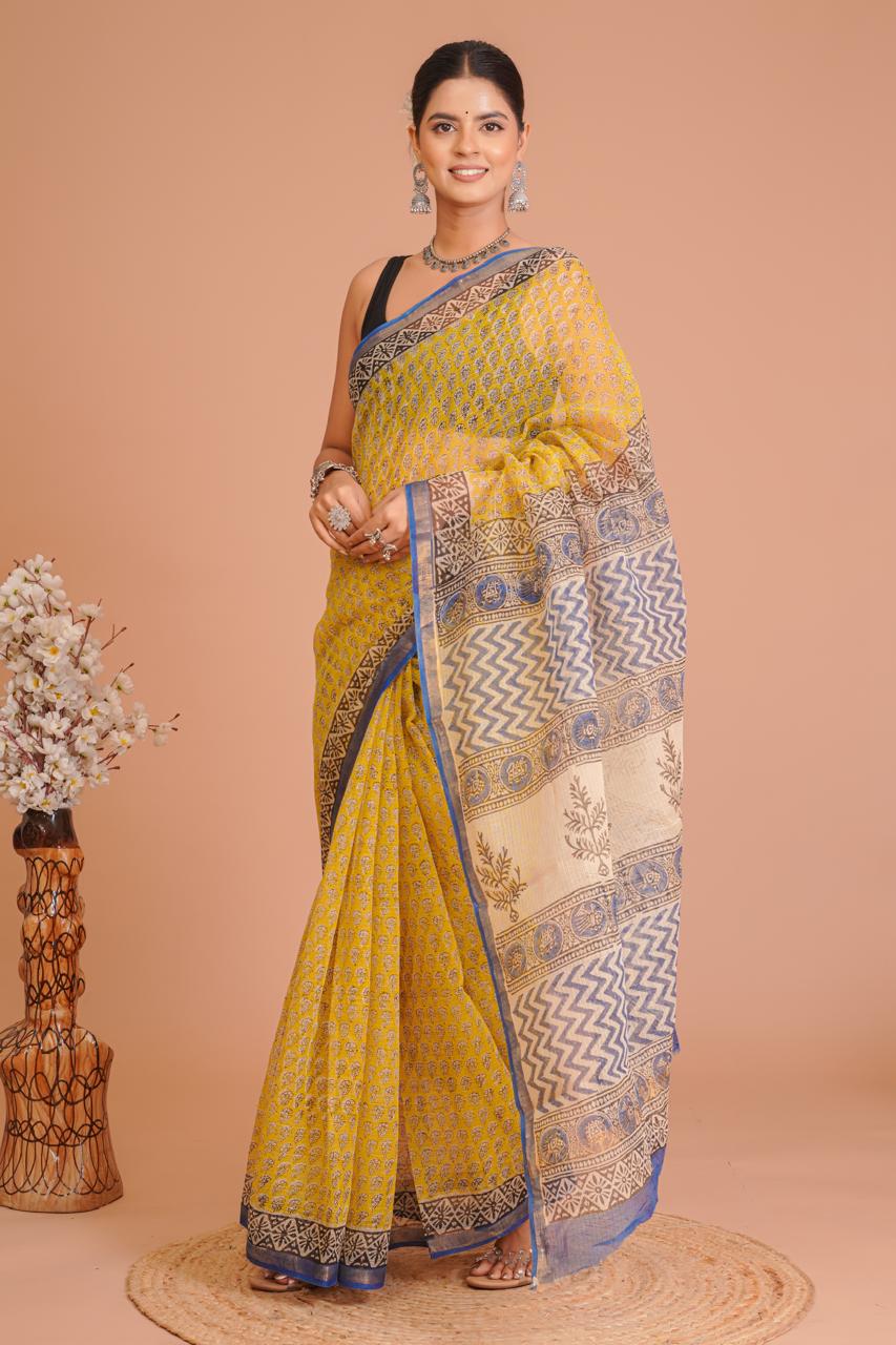Designer Hand Block Printed Kota Doriya Silk Saree (KDSYS13)