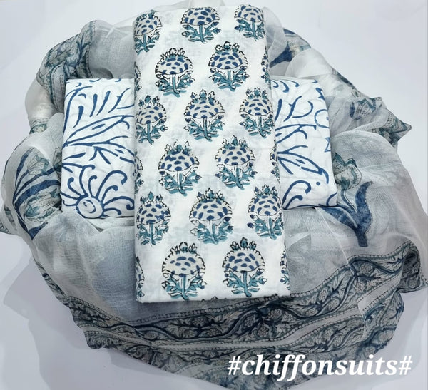 EXCLUSIVE HAND BLOCK PRINT PURE COTTON SUIT WITH CHIFFION DUPTTA (PCHFYS122)