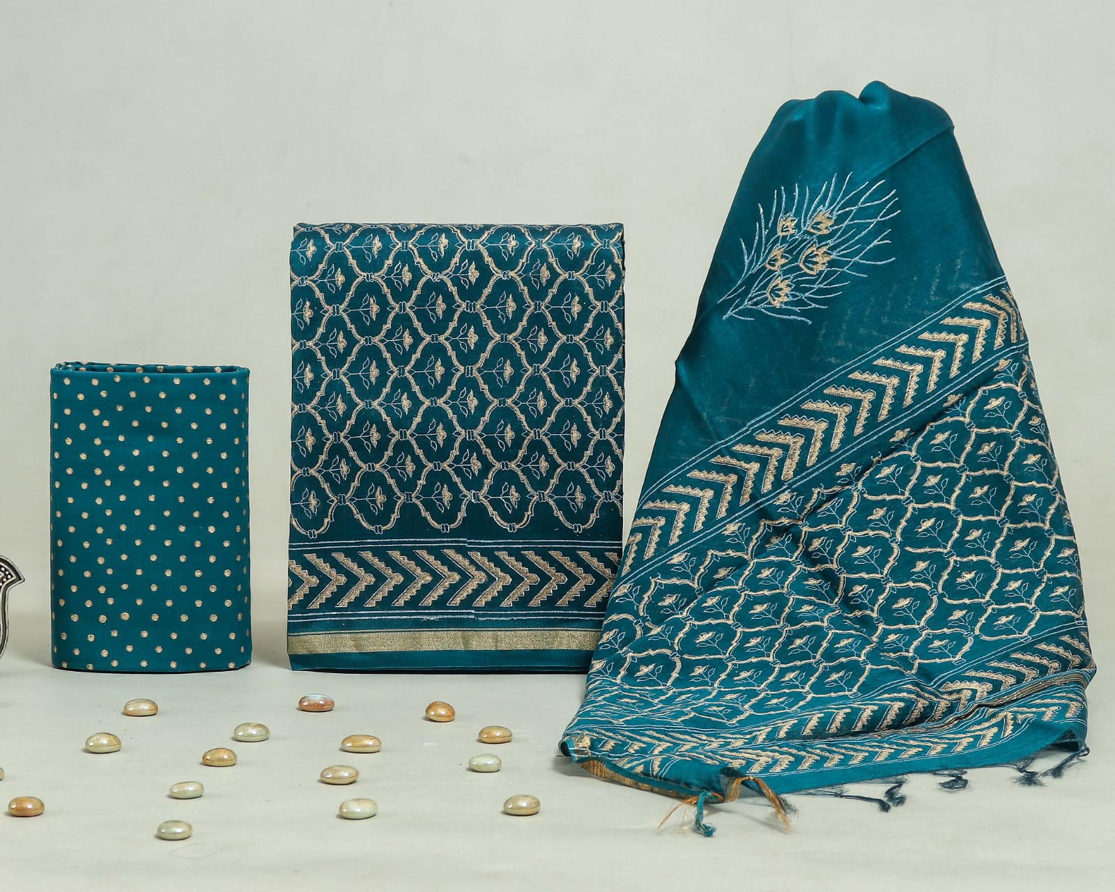 TRADITIONAL HAND BLOCK CHANDERI SILK SUIT SET WITH CHANDERI DUPATTA (CHDYS121)