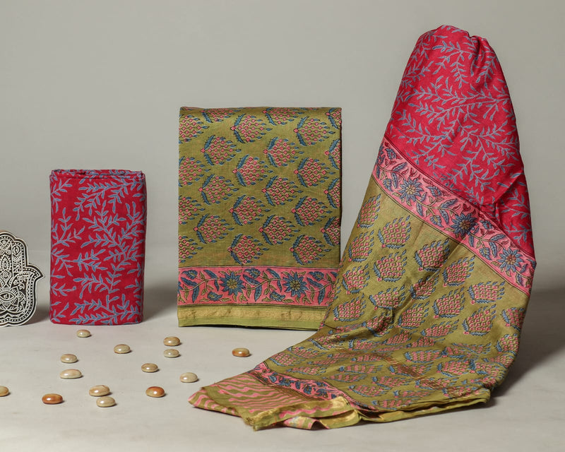 TRADITIONAL  HAND BLOCK CHANDERI SILK SUIT SET WITHCHANDERI DUPATTA(CHDYS167)