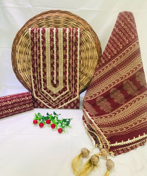 JAIPURI PRINTED COTTON NECK WORK SUITS WITH MULMUL DUPATTA (GOTAYS134)