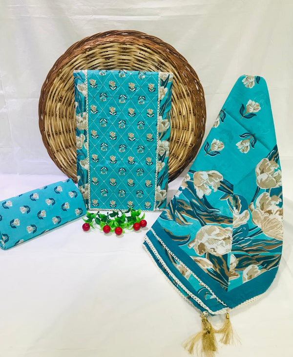 SANGANERI PRINT COTTON SUIT MATERIAL WITH COTTON DUPATTA HAND WORK (GOTAYS119)