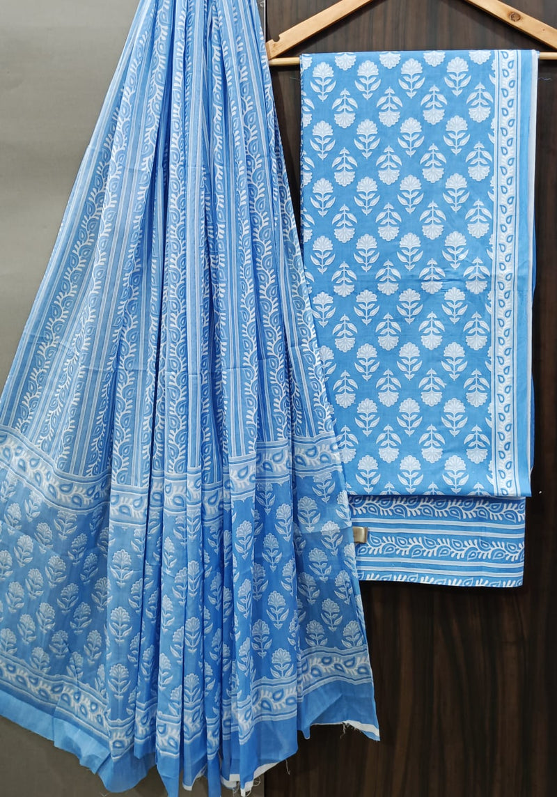 FLORAL JAAL HAND BLOCK PRINT COTTON SUIT SET WITH MULMUL DUPATTA (MALYS299)