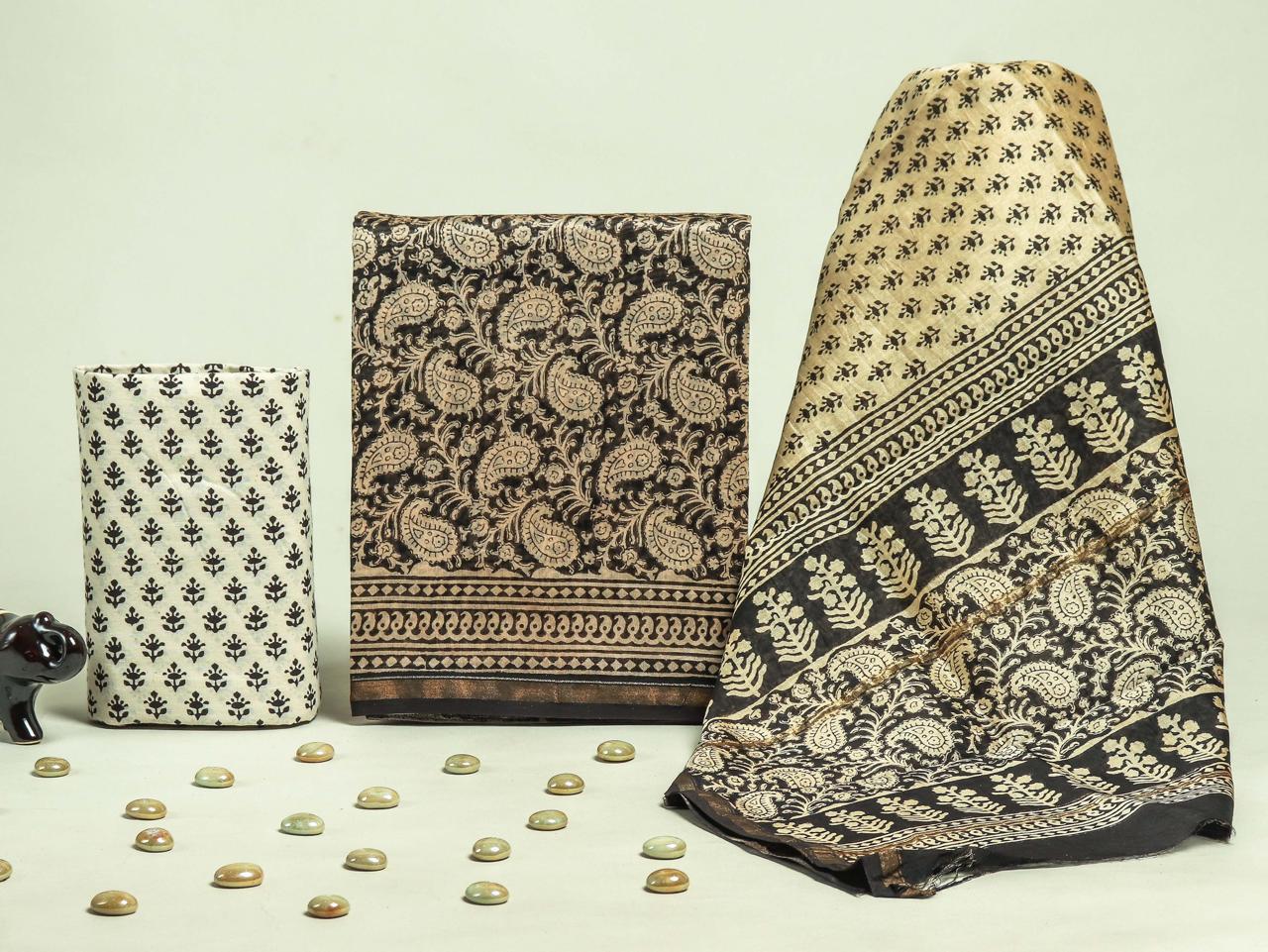 TRADITIONAL HAND BLOCK BAGRU PRINT CHANDERI SILK SUIT SET WITH PREMIUM CHANDERI DUPATTA (CHDYS306)