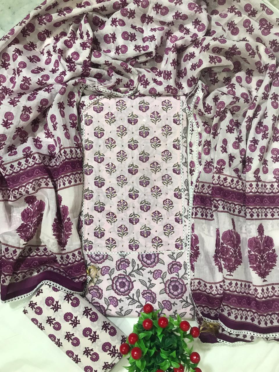 SANGANERI PRINT COTTON SUIT MATERIAL WITH COTTON DUPATTA GOTTA  NECK WORK (GOTAYS37)