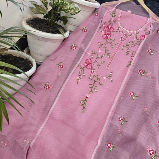 Yuvi Style Pink Kota Doria Suit With Embroidery Work (FKDYS111)