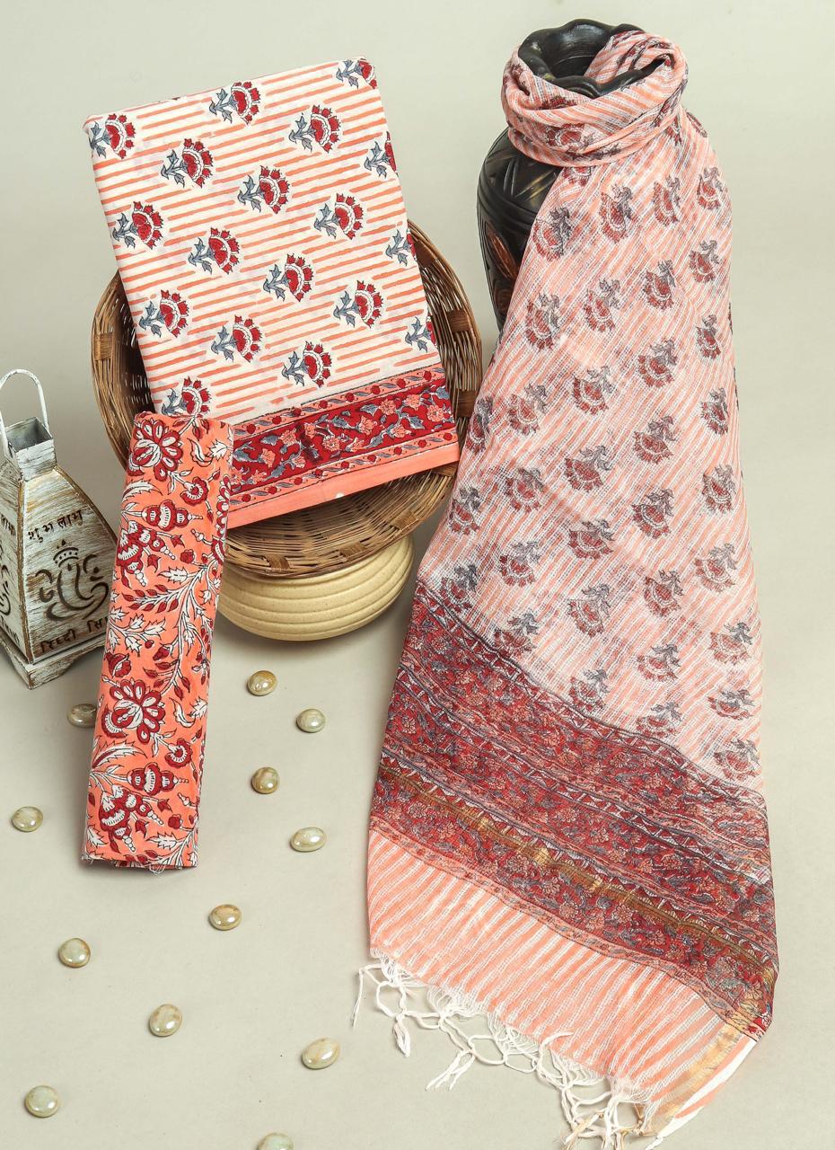 DESIGNER HAND BLOCK PRINT PURE COTTON SUIT MATERIAL WITH KOTA DORIA DUPATTA (3CKDYS63)