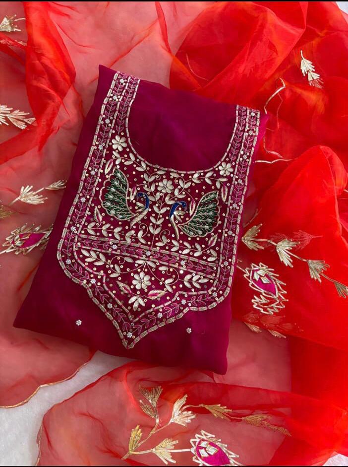 Pure Organza Unstitched Zardogi handwork Work Dupatta Suit (GBT08)