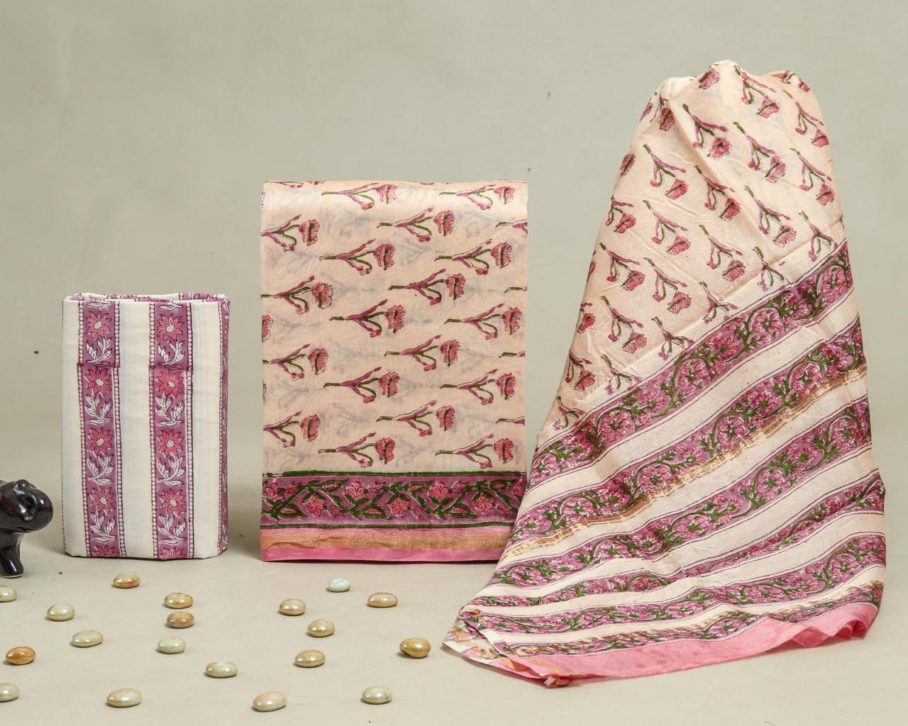 YUVI STYLE HAND BLOCK CHANDERI SILK SUIT SET WITH CHANDERI DUPATTA (CHDYS184)
