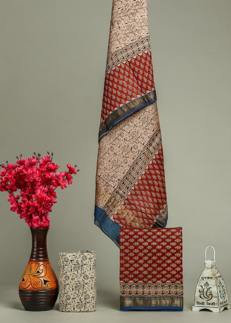 Designer Hand Block Ajrak Print Maheshwari Silk Suit Set (MSLYS02)