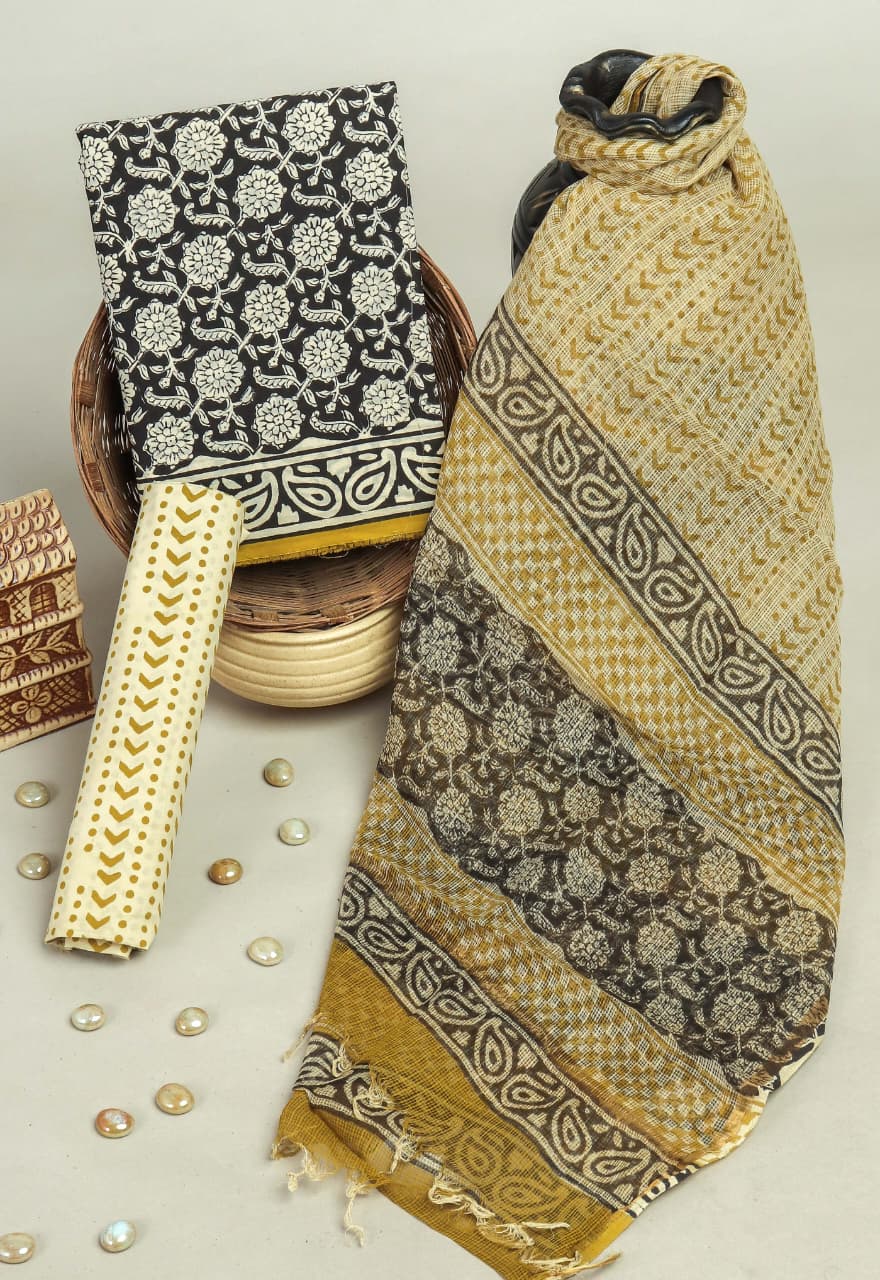 DESIGNER FLORAL JAAL HAND BLOCK PRINT COTTON SUIT SET WITH KOTA DORIA DUPATTA (3CKDYS210)