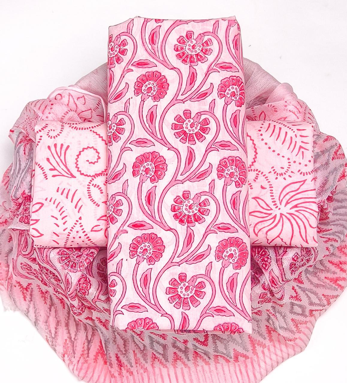 TRADITIONAL HAND BLOCK PRINT PURE COTTON SUIT WITH CHIFFION DUPTTA (PCHFYS150)