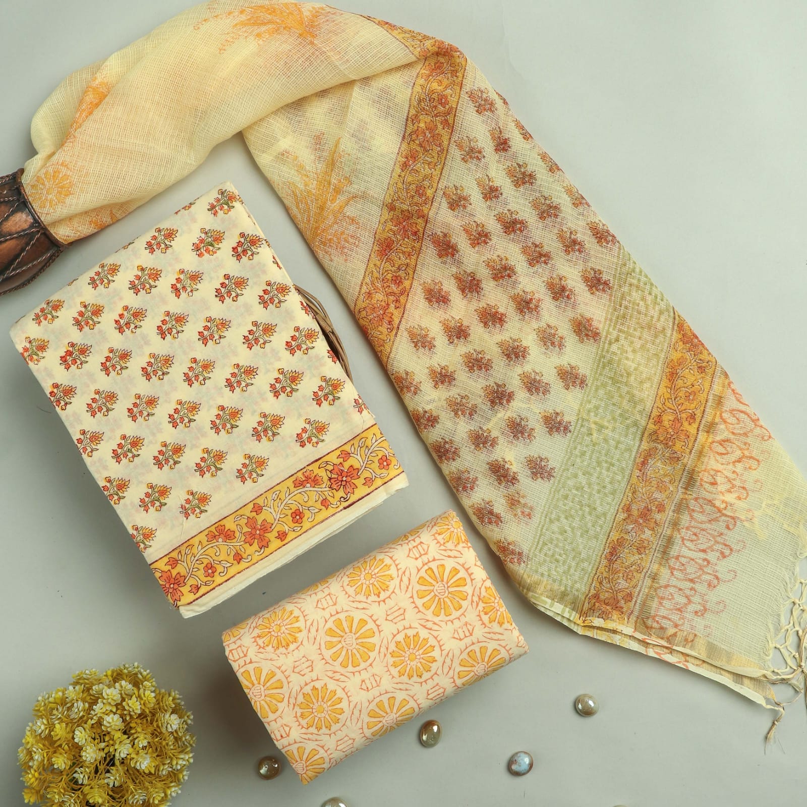 DESIGNER HAND BLOCK PRINT COTTON SUIT WITH KOTA DORIA DUPATTA (3CKDYS22)