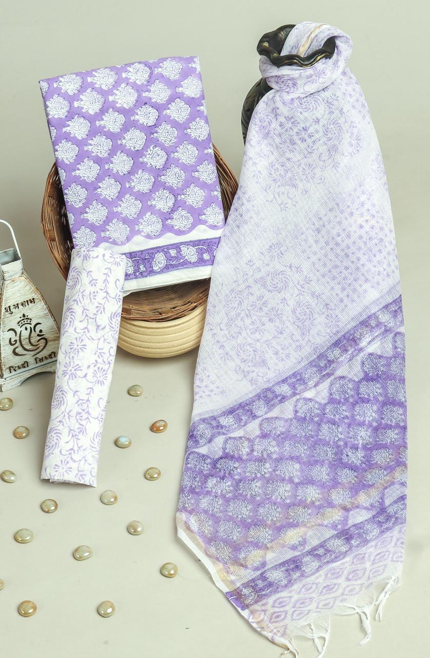 EXCLUSIVE HAND BLOCK PRINT PURE COTTON SUIT WITH KOTA DORIYA DUPTTA (3CKDYS180)