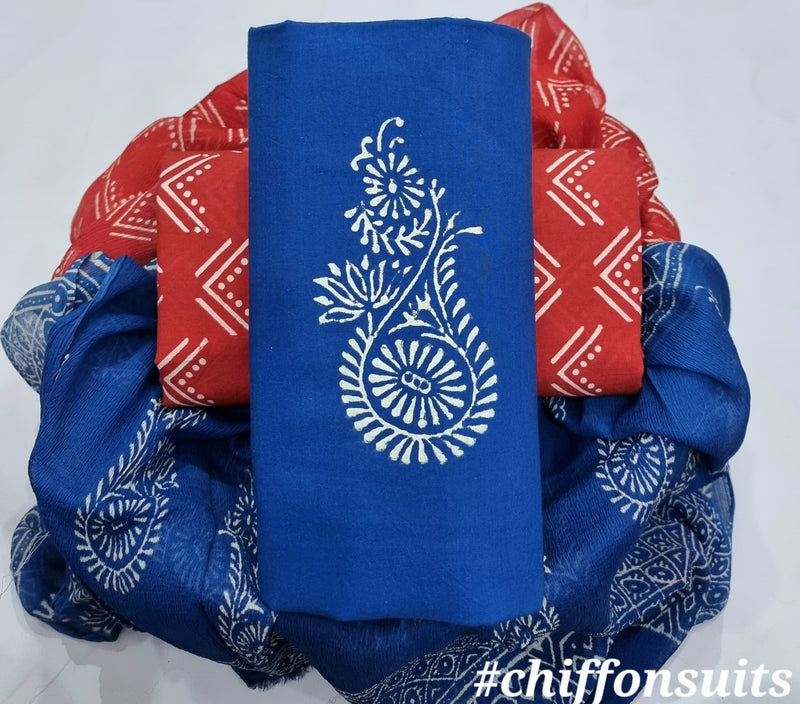 ELEGANT HAND BLOCK PRINT PURE COTTON SUIT WITH CHIFFION DUPTTA (PCHFYS99)
