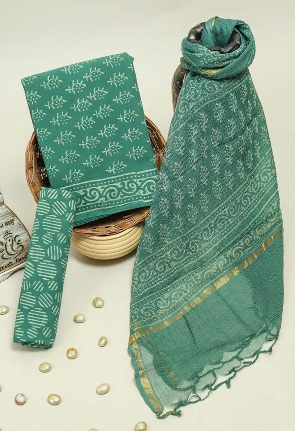 APPEALING FLORAL HAND BLOCK PRINT PURE COTTON SUIT WITH DORIA DUPATTA(3CKDYS186)