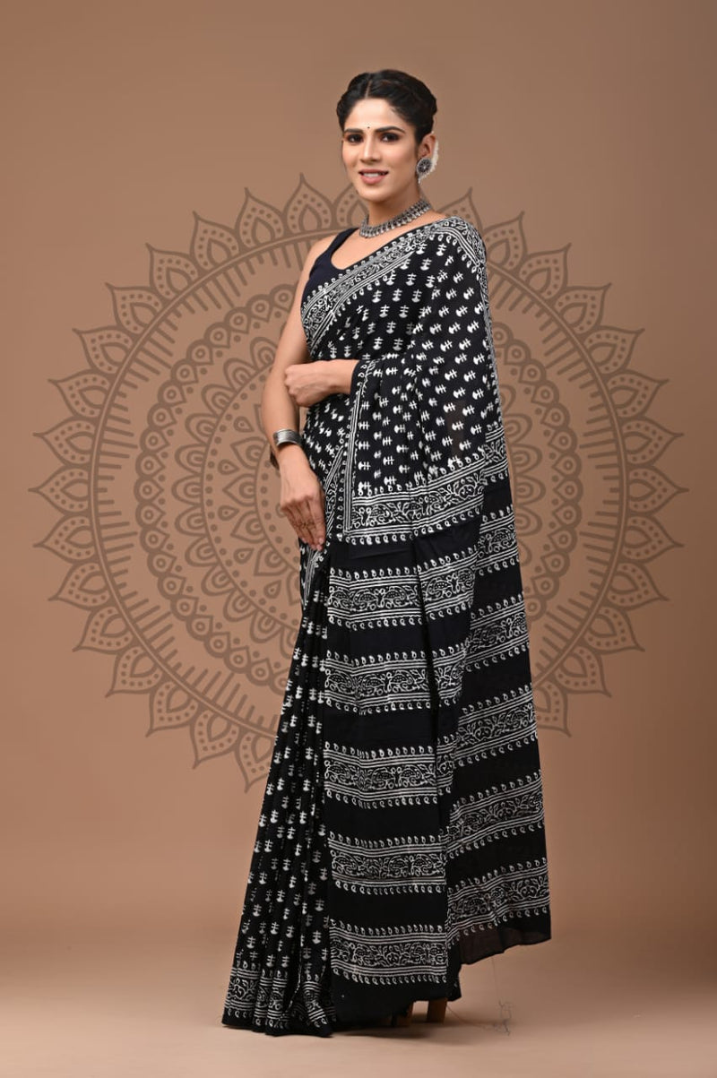 BLACK AND WHITE HAND BLOCK PRINT COTTON MULMUL SAREE WITH BLOUSE (CMSYS15)