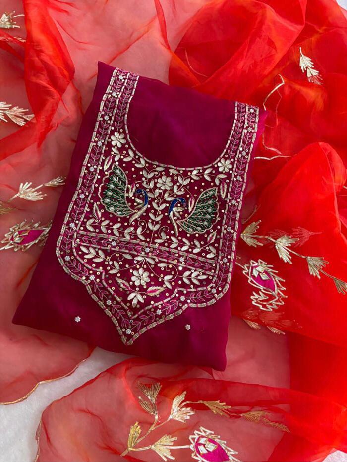 Pure Organza Unstitched Zardogi handwork Work Dupatta Suit (GBT08)