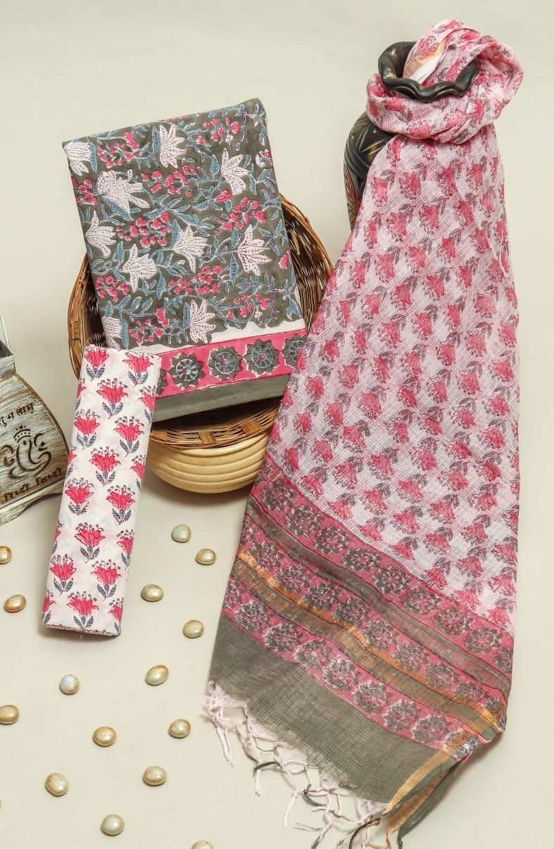 ELEGANT HAND BLOCK PURE COTTON SUIT WITH KOTA DORIA DUPATTA (3CKDYS128)