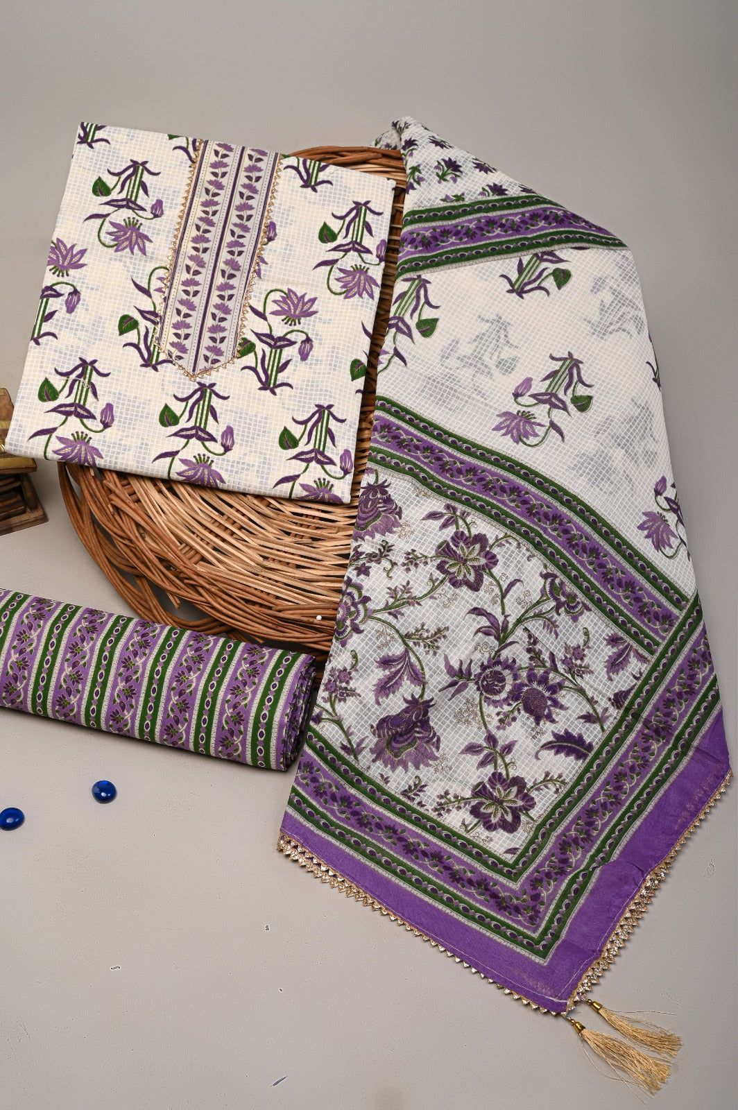 Sanganeri print cotton suit material with Mulmul dupatta Hand work (GOTAYS104)
