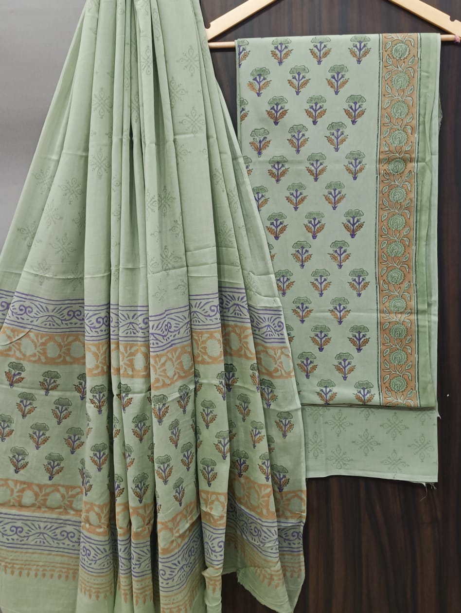 Elegat Hand Block Print Cotton Suit Set with Mulmul Dupatta (malys291)