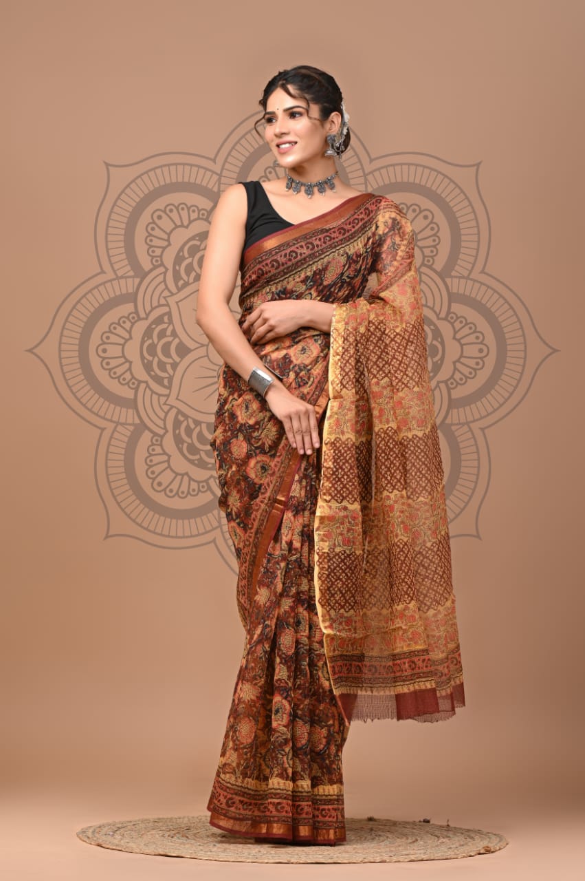 Designer Hand Block Printed Kota Doriya Silk Saree(KDSYS15)