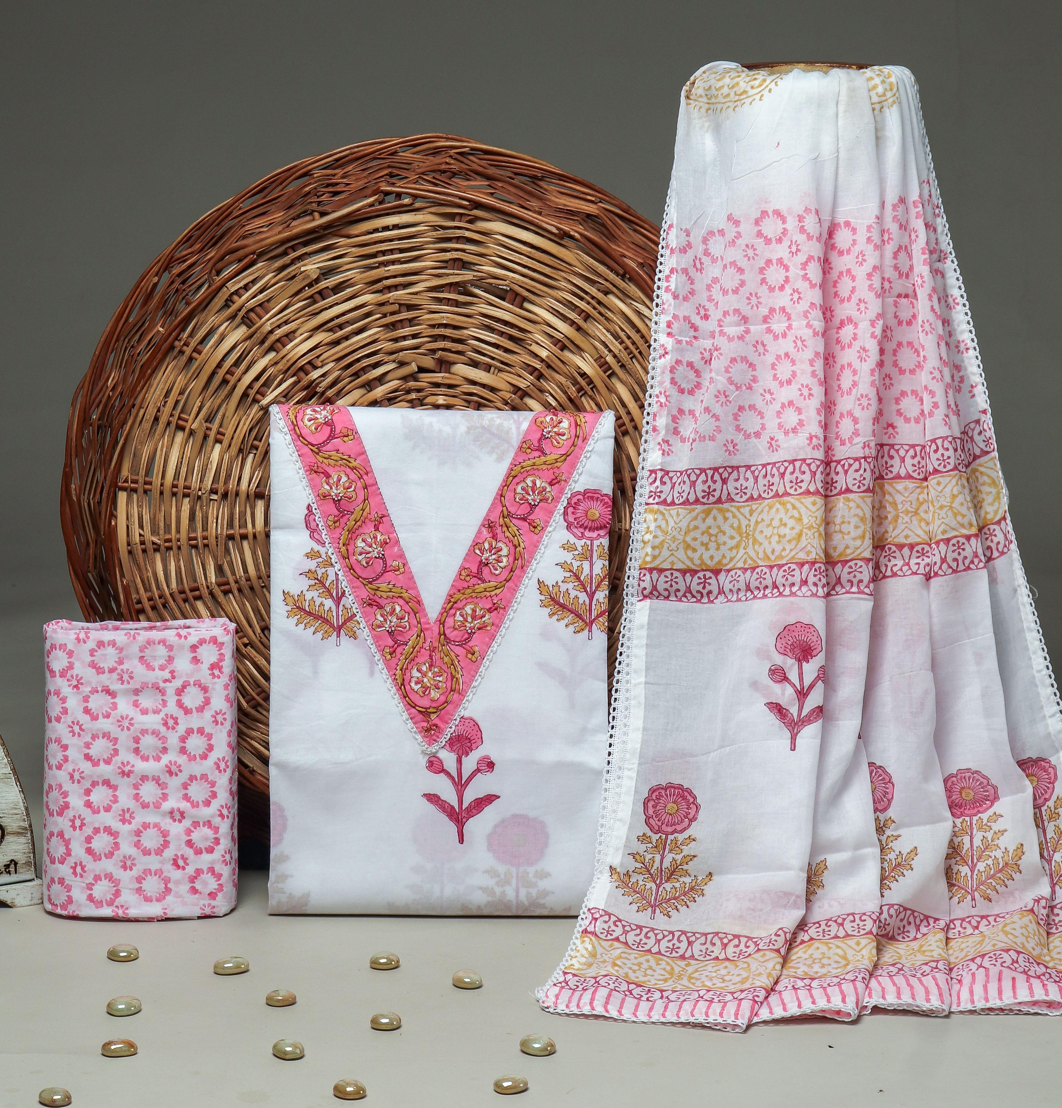 Sanganeri print cotton suit material with cotton dupatta Hand work (GOTAYS97)
