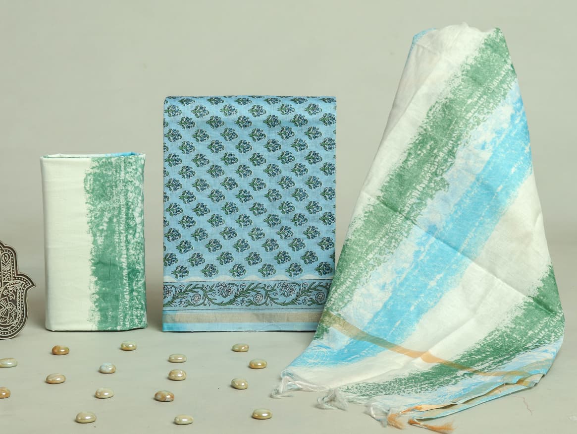YUVI STYLE HAND BLOCK CHANDERI SILK SUIT SET WITH CHANDERI DUPATTA (CHDYS158)
