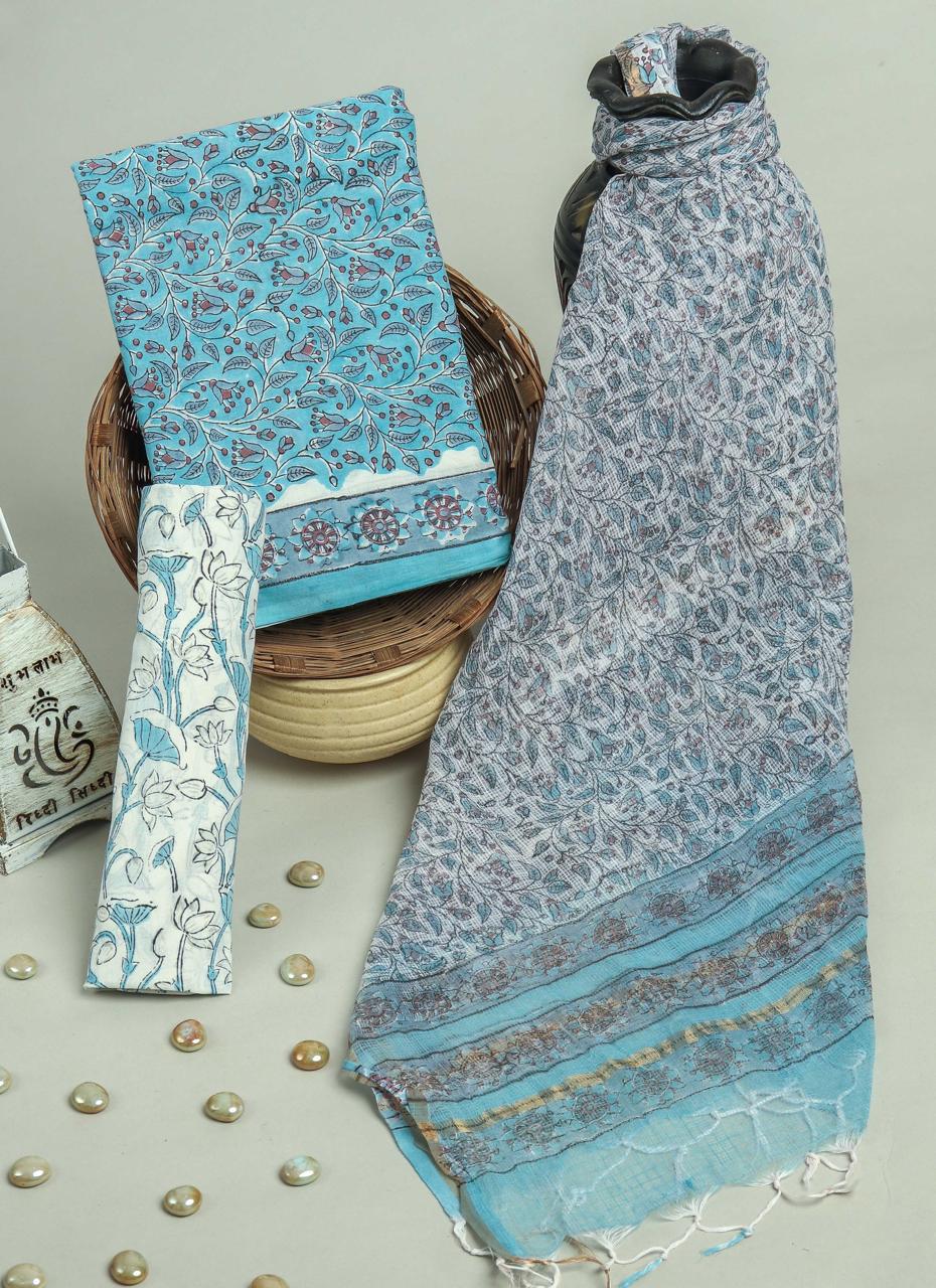 ELEGANT  HAND BLOCK PURE COTTON SUIT WITH KOTA DORIA DUPATTA (3CKDYS121)